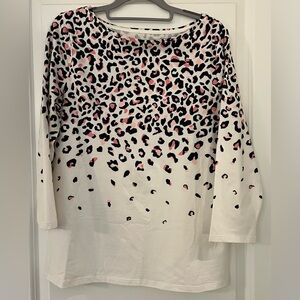 Talbots White 3/4 Sleeve Leopard Print Soft Top with Black & Pink Spots NWOT